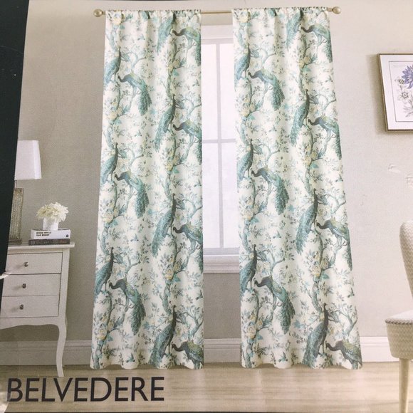 Laura Ashley Belvedere Peacock 4 Window Curtain Panels 2 Sets Blue Turquoise 84" - Picture 9 of 12